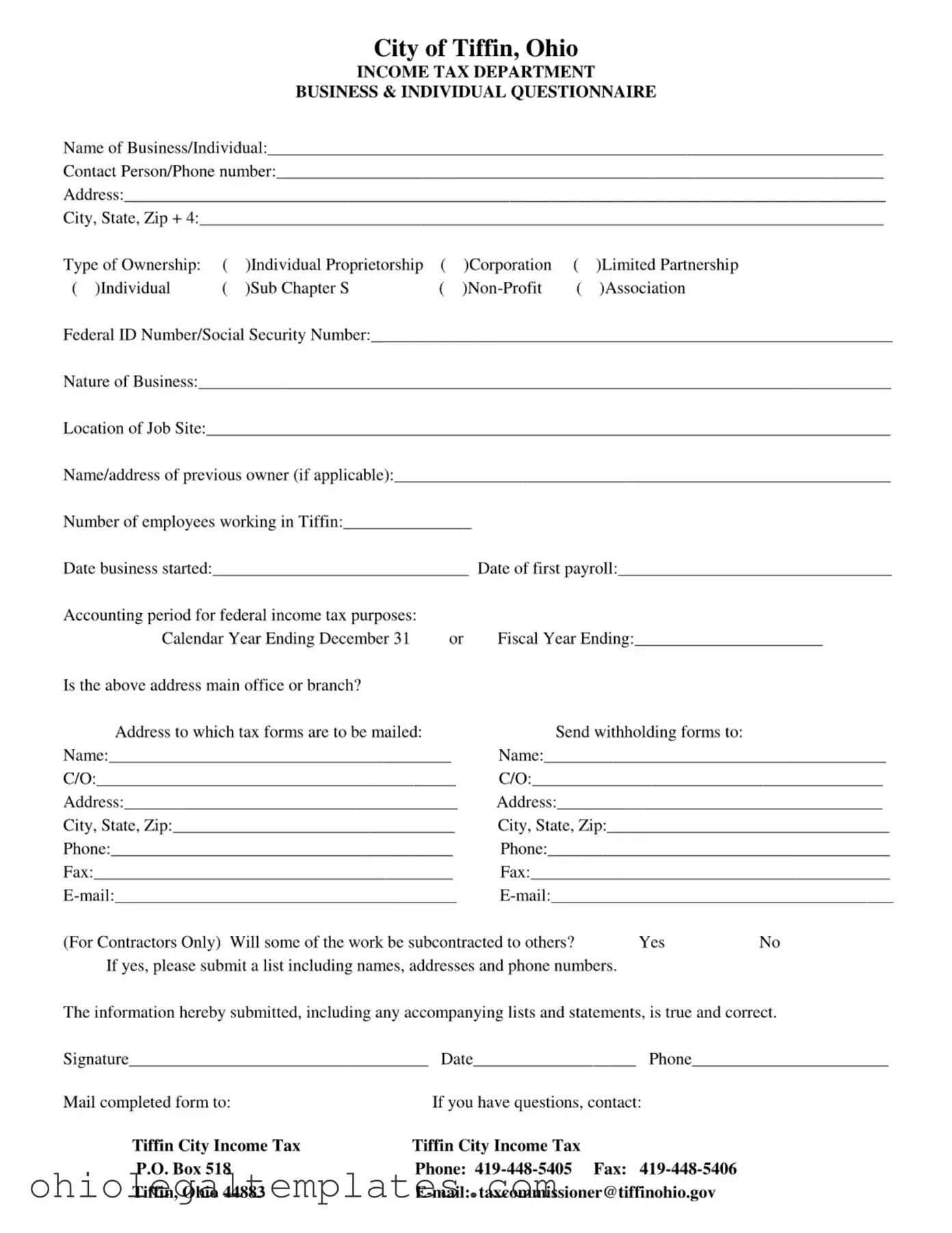 Fill in Your City Of Tiffin Ohio Income Tax Form
