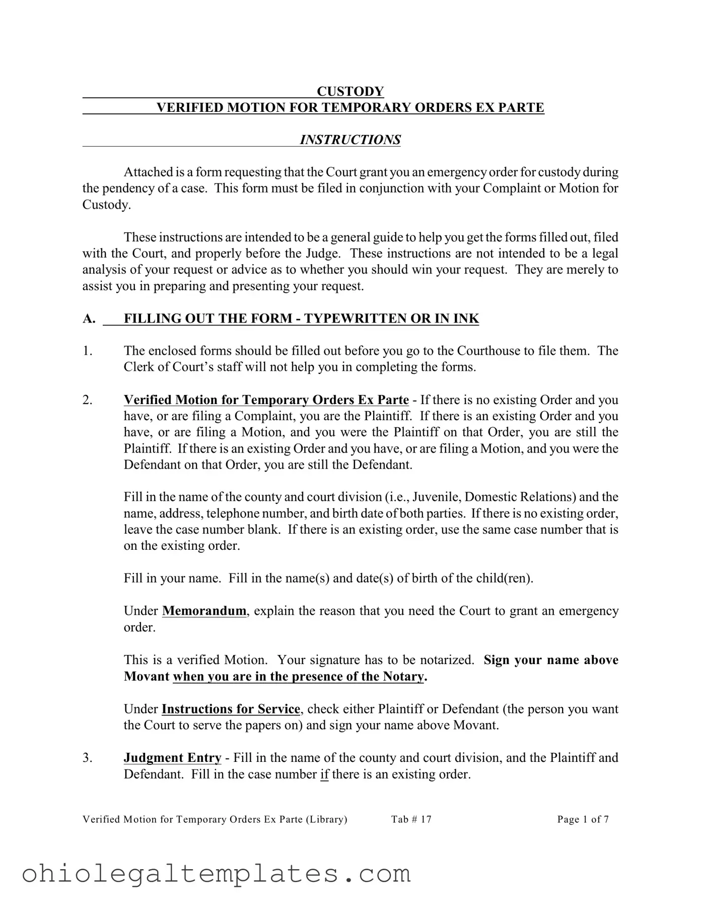 Fill in Your Ex Parte Temporary Custody Order Ohio Form