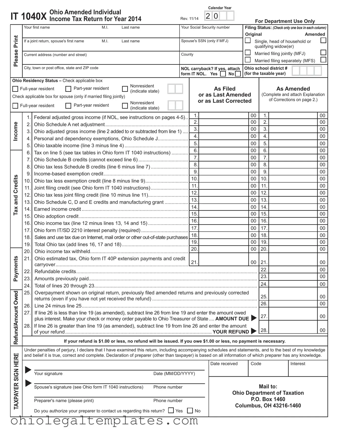 Fill in Your It 1040X Ohio Form