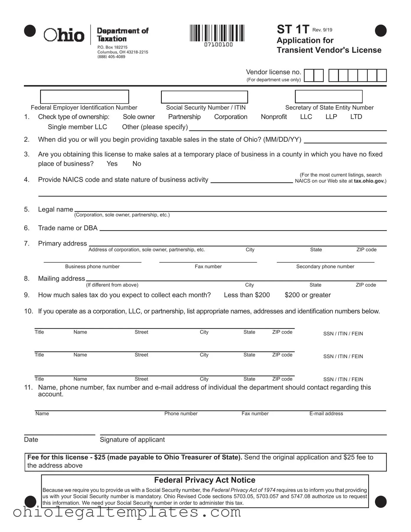 Fill in Your Ohio Application For Vendors License Form