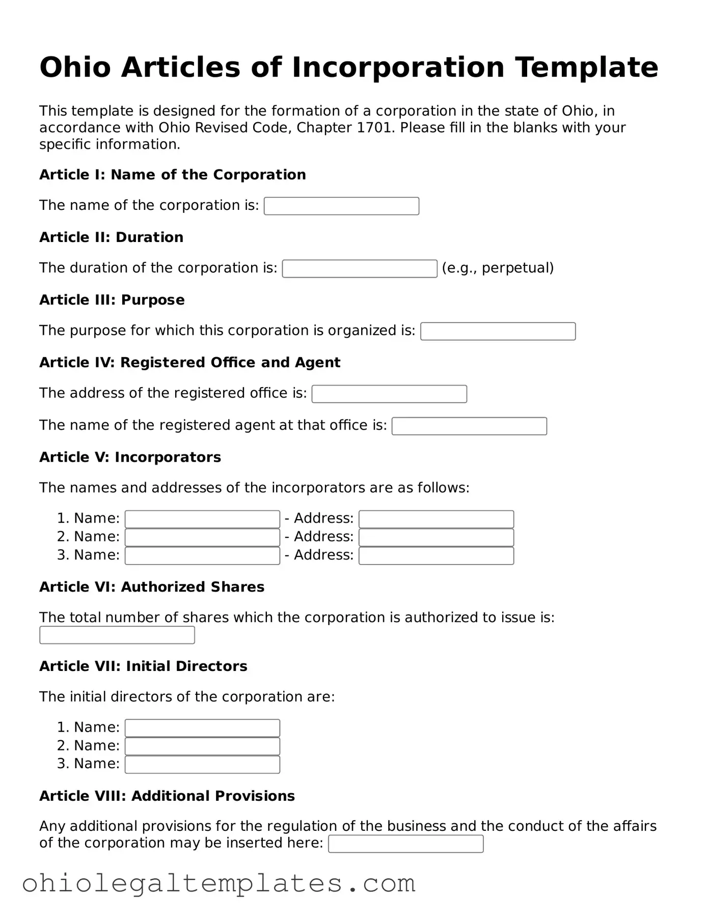 Attorney-Approved Ohio Articles of Incorporation Template
