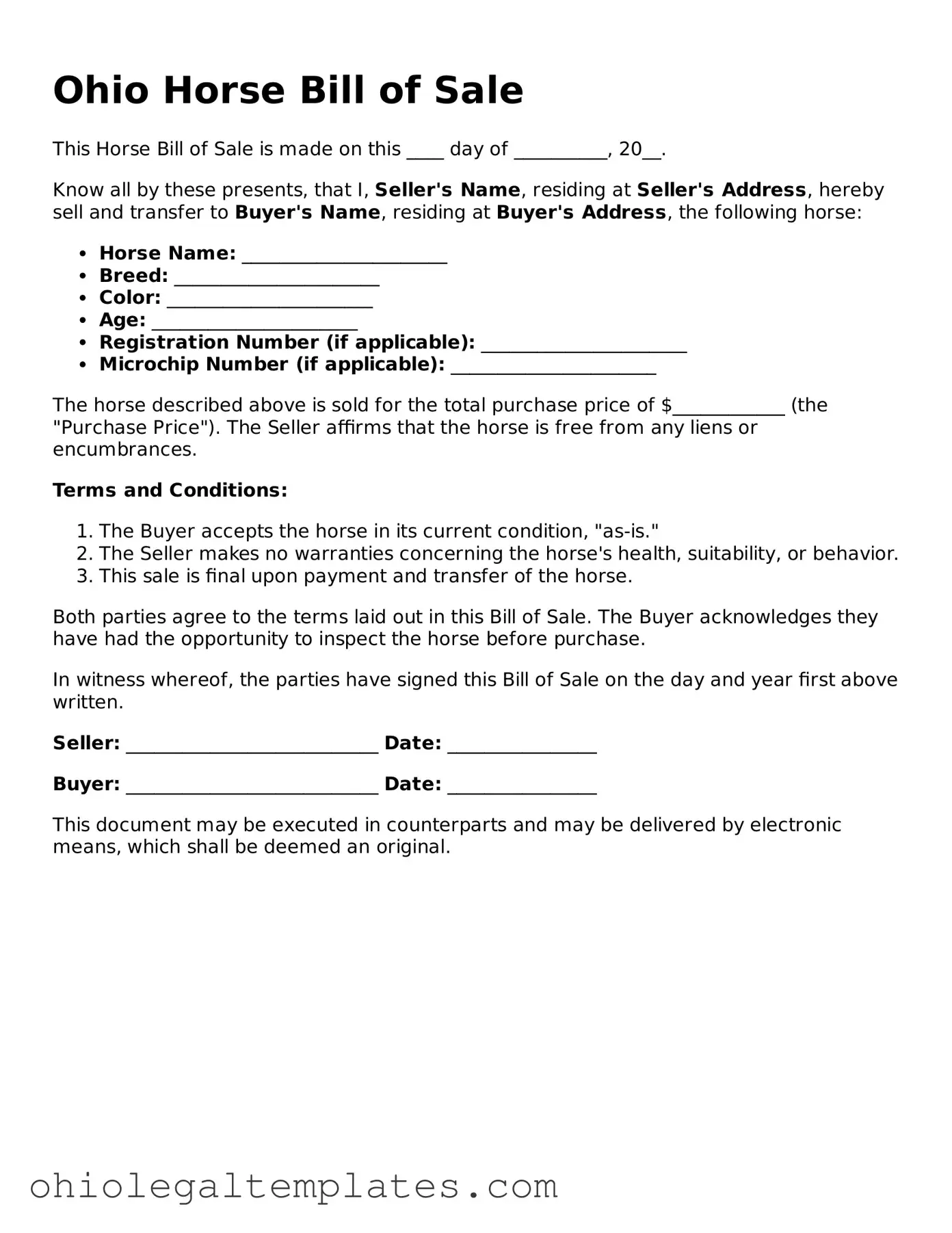 Attorney-Approved Ohio Horse Bill of Sale Template