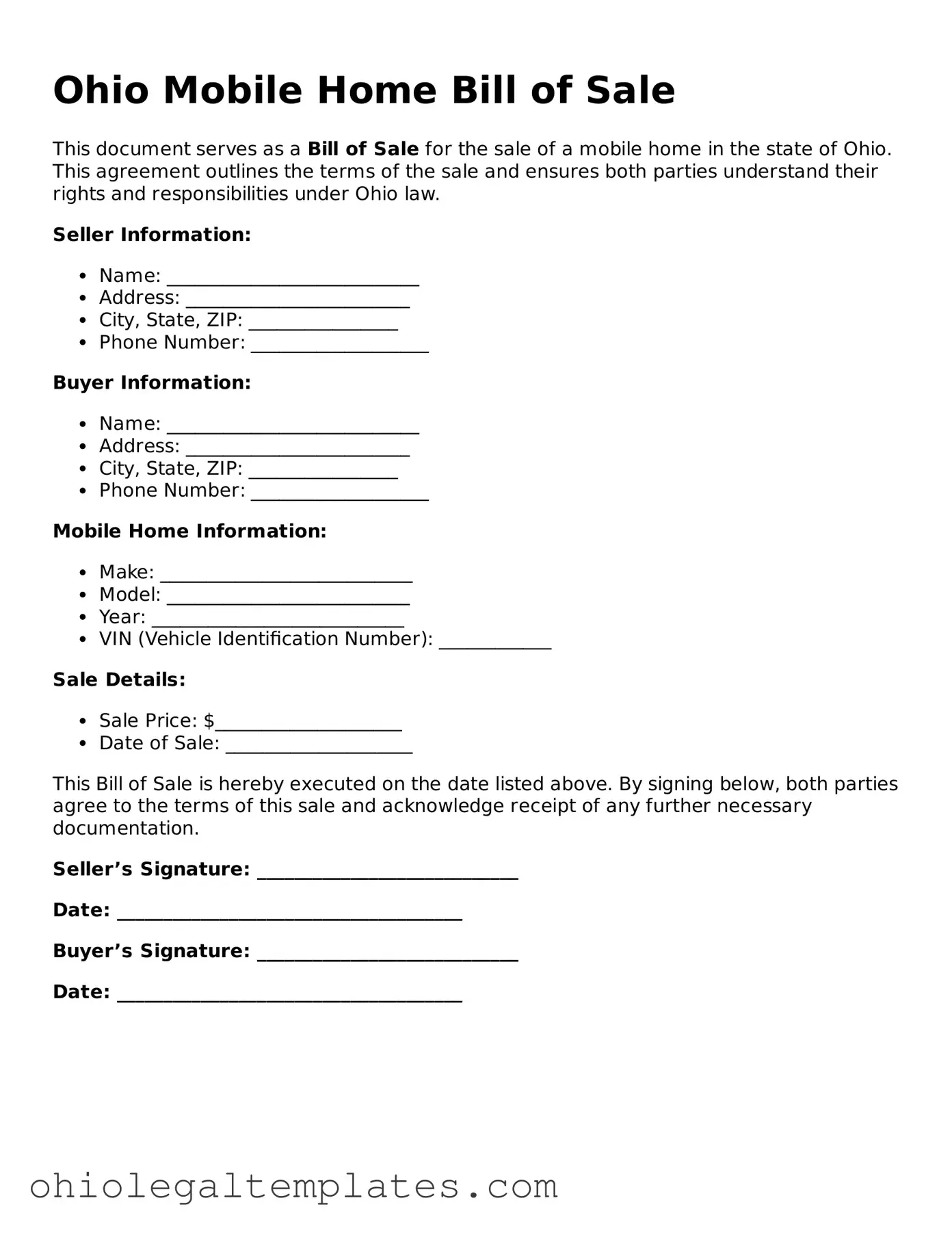 Attorney-Approved Ohio Mobile Home Bill of Sale Template