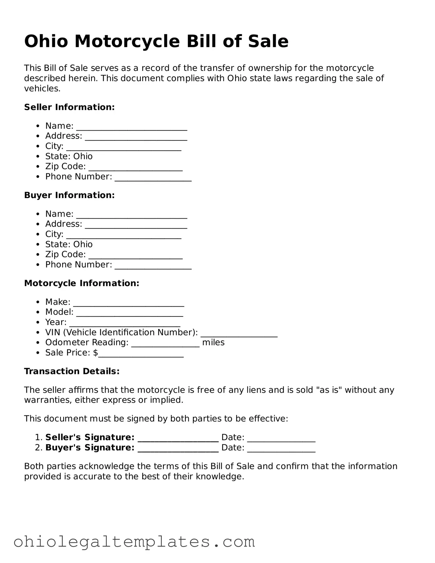 Attorney-Approved Ohio Motorcycle Bill of Sale Template