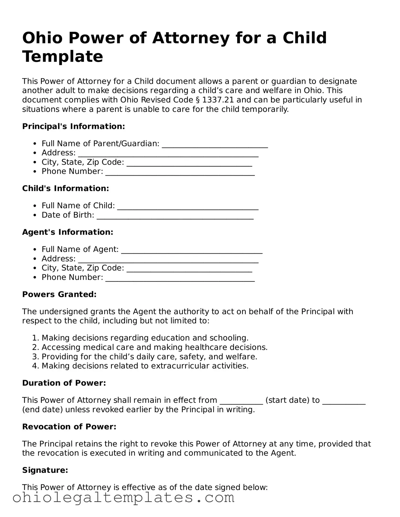 Attorney-Approved Ohio Power of Attorney for a Child Template