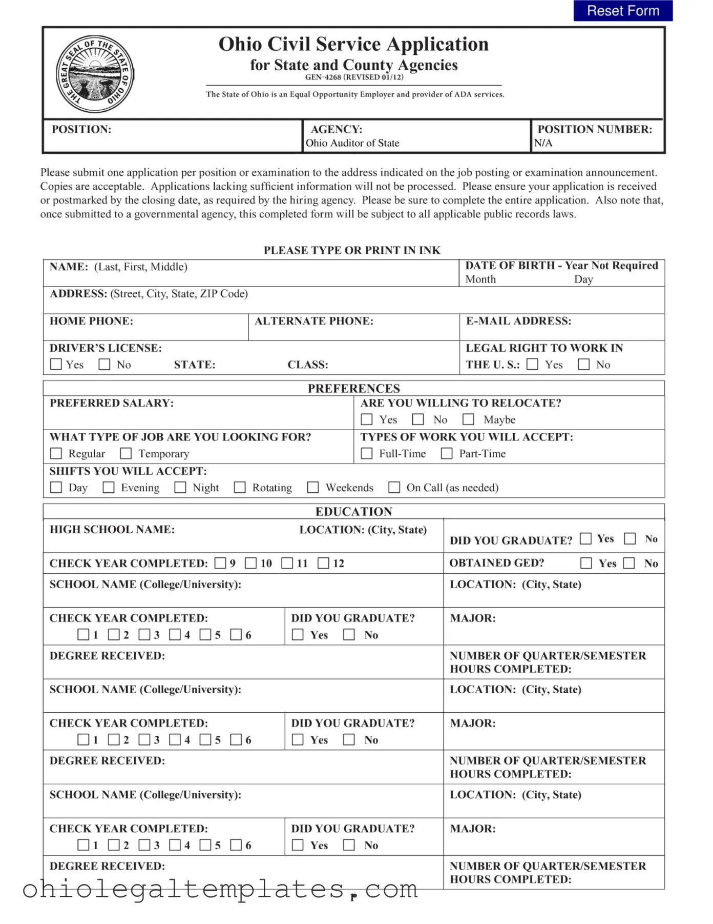 Fill in Your Ohio Civil Service Application Form