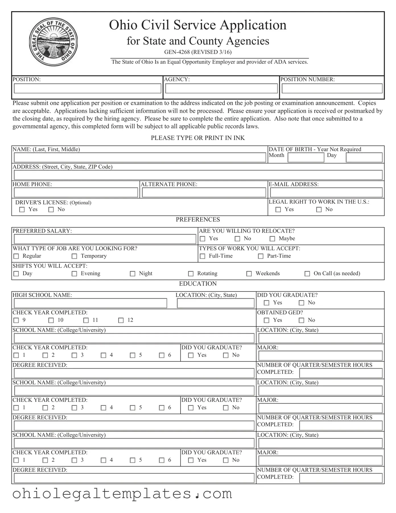 Fill in Your Ohio Civil Service Form