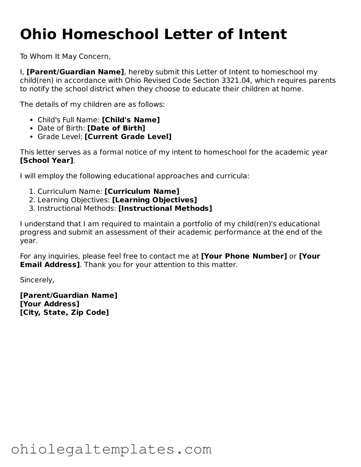 Attorney-Approved Ohio Homeschool Letter of Intent Template