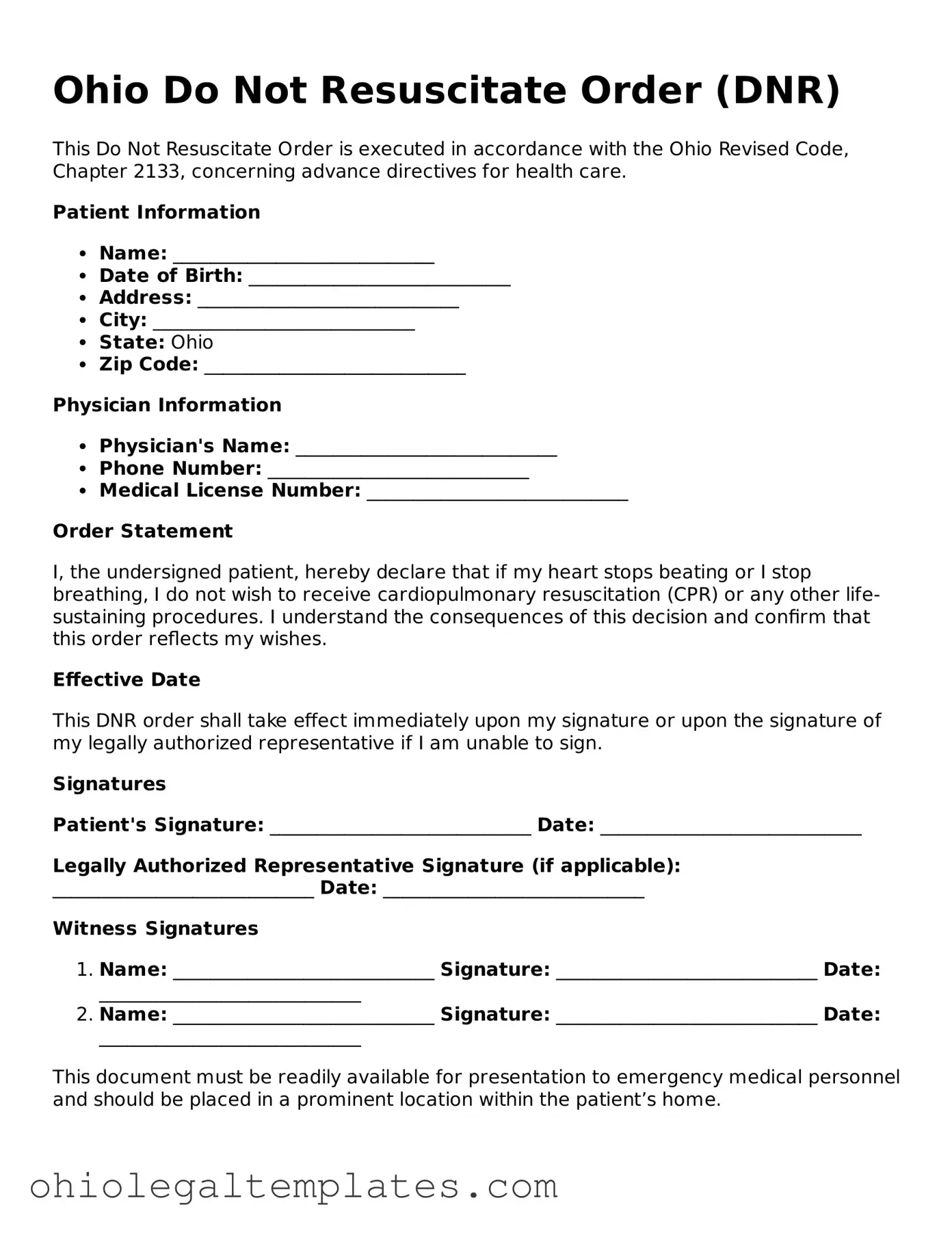 Attorney-Approved Ohio Do Not Resuscitate Order Template