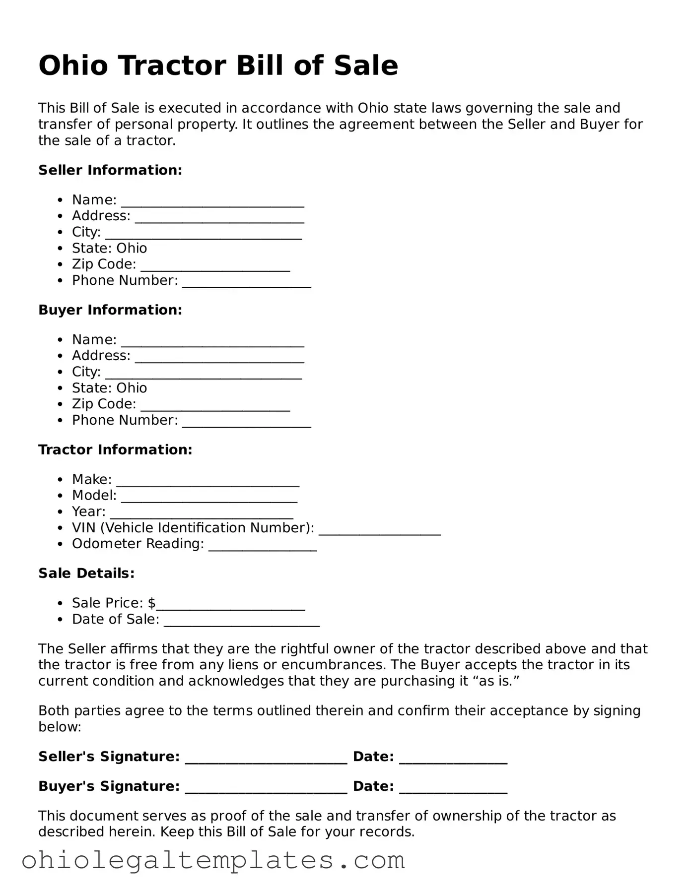 Attorney-Approved Ohio Tractor Bill of Sale Template