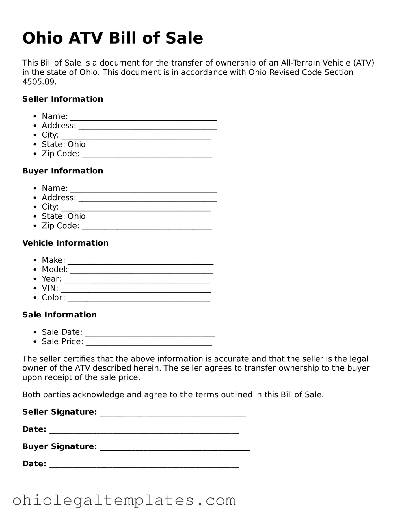 Attorney-Approved Ohio ATV Bill of Sale Template