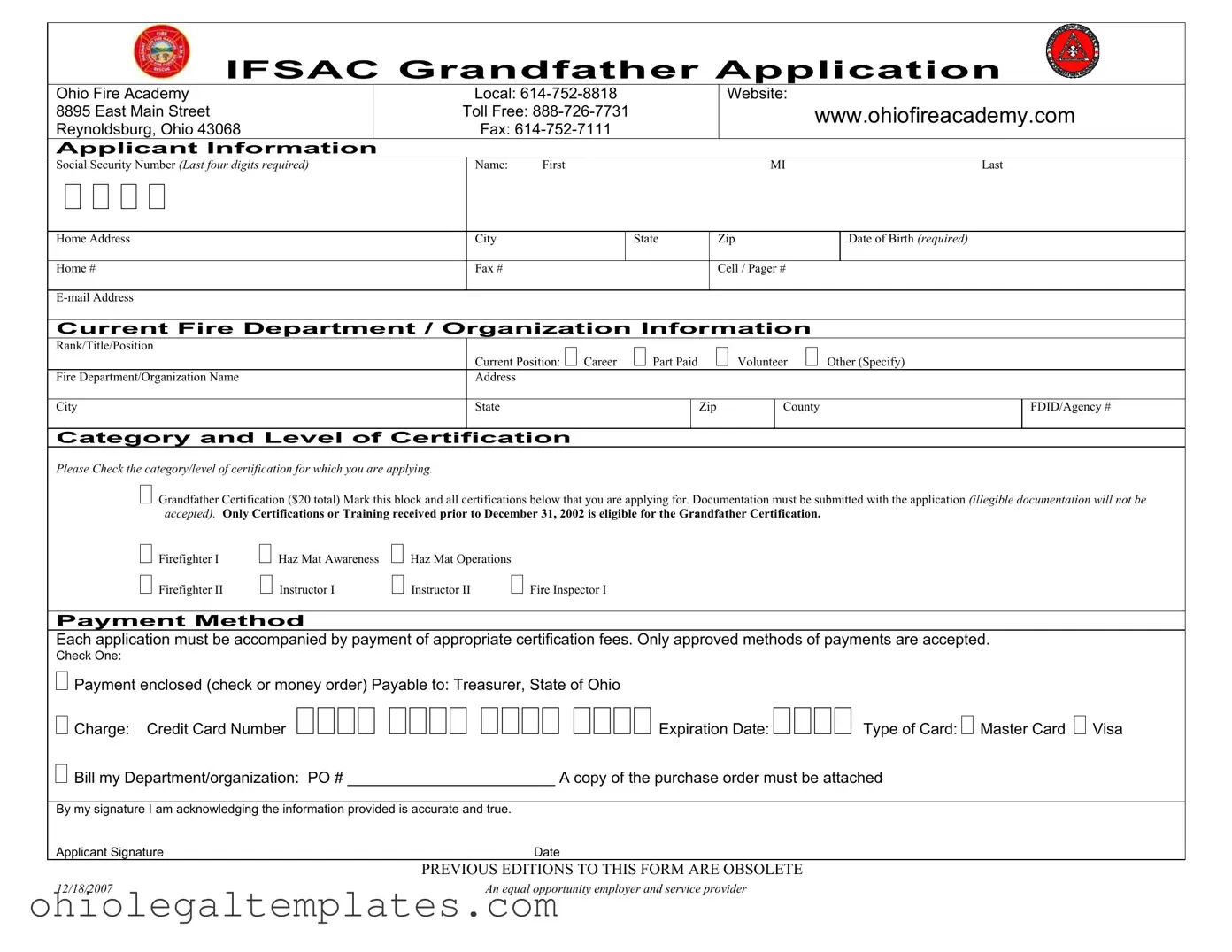 Fill in Your Ohio Ifsac Grandfather Application Form