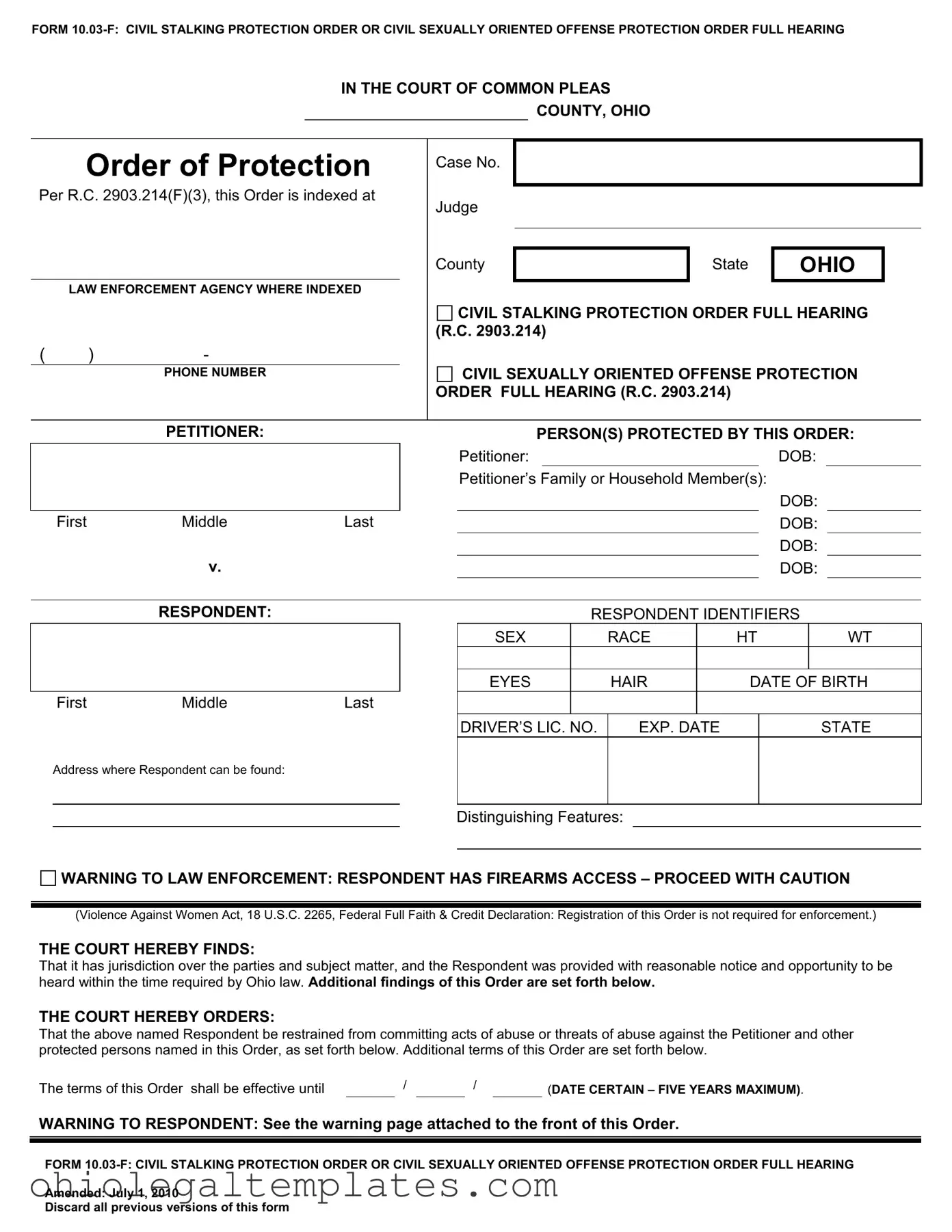 Fill in Your Ohio Order Of Protection Form