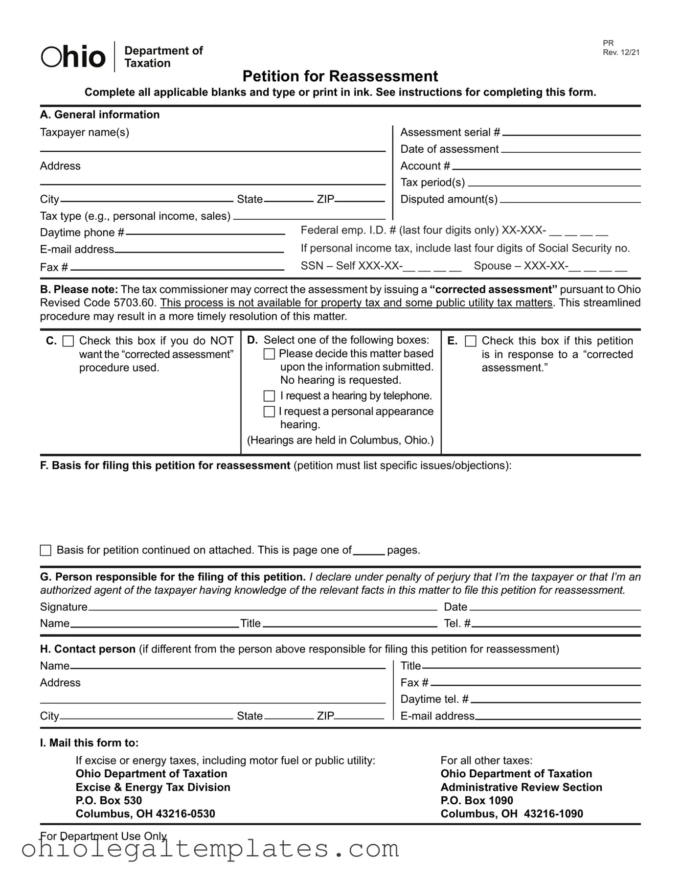 Fill in Your Ohio Petition For Reassessment Form