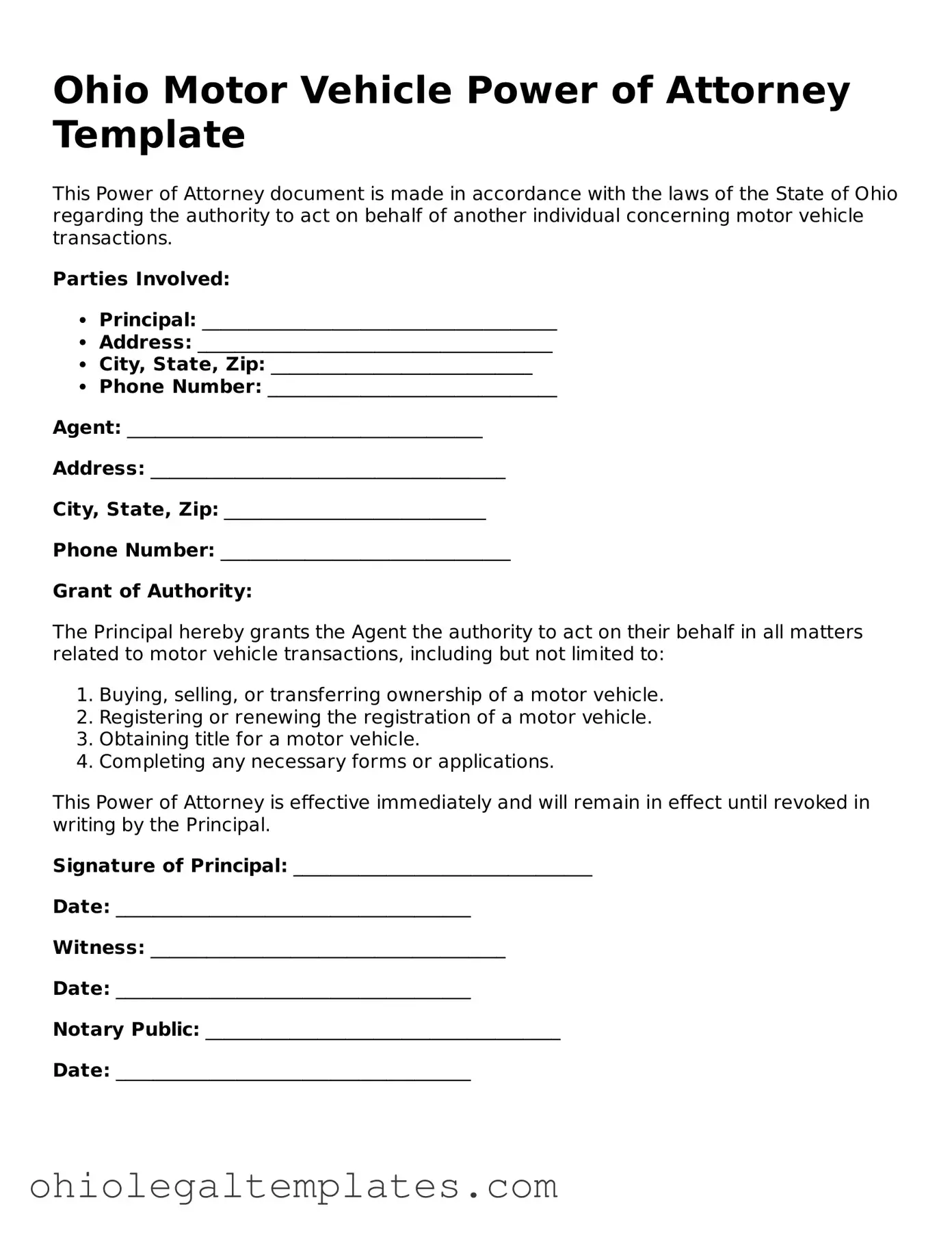Attorney-Approved Ohio Motor Vehicle Power of Attorney Template