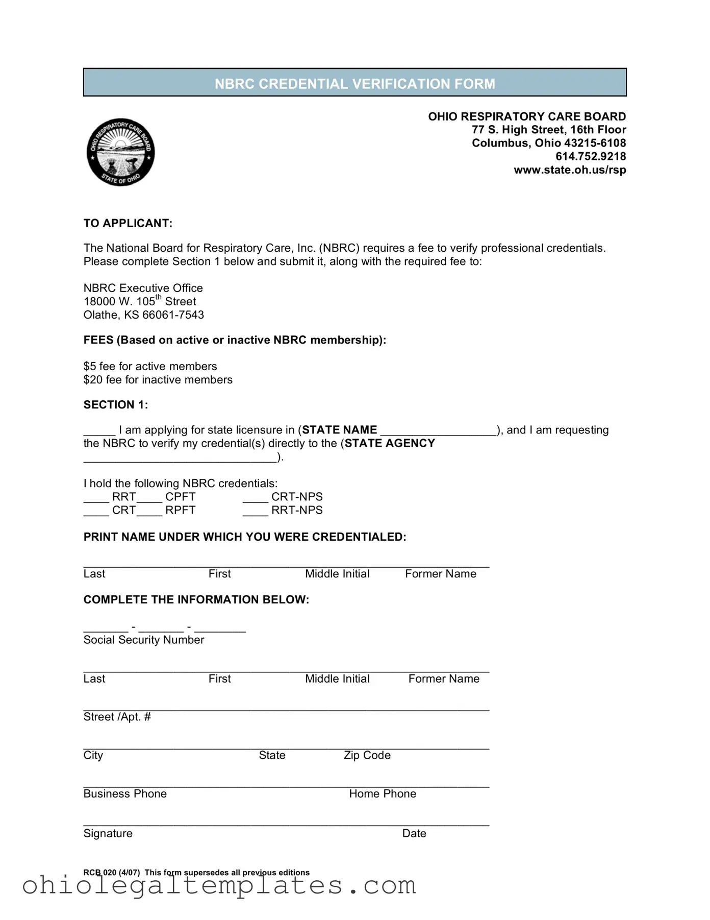 Fill in Your Ohio Rcb 020 Form