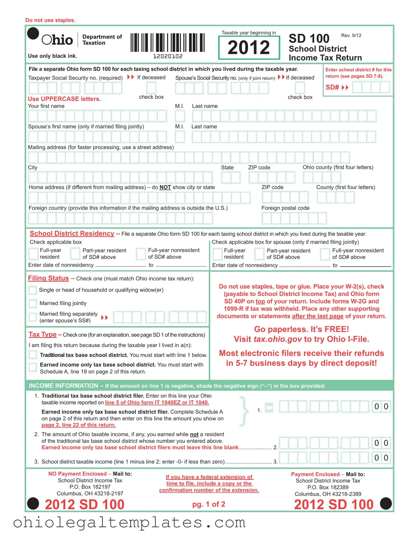 Fill in Your Ohio Sd 100 Form