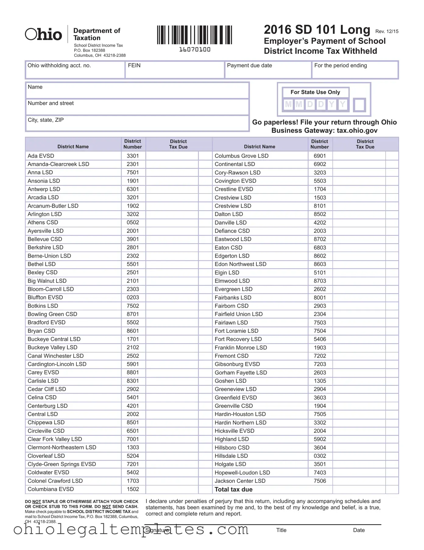 Fill in Your Ohio Sd 101 Form
