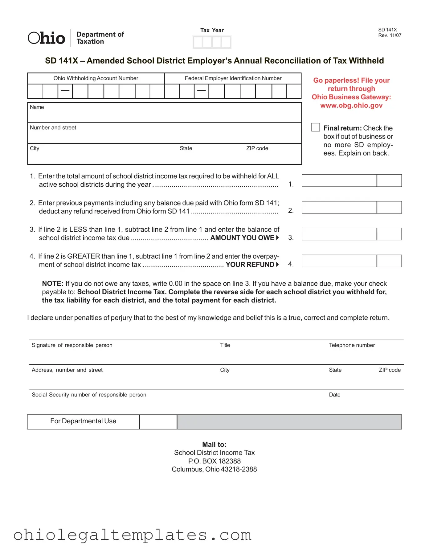 Fill in Your Ohio Sd 141X Form